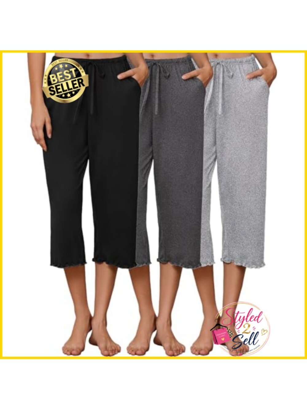 3 Pack Women Capri Pajama Lounge Pants Pockets Soft Stretch Pull-On Loose